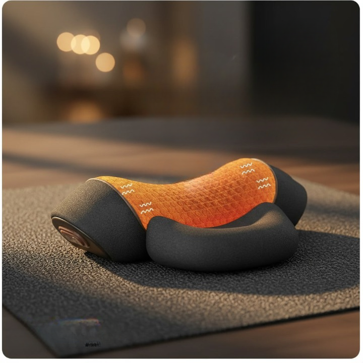 Appareil de massage électrique moderne avec surface texturée orange et poignées noires sur tapis gris