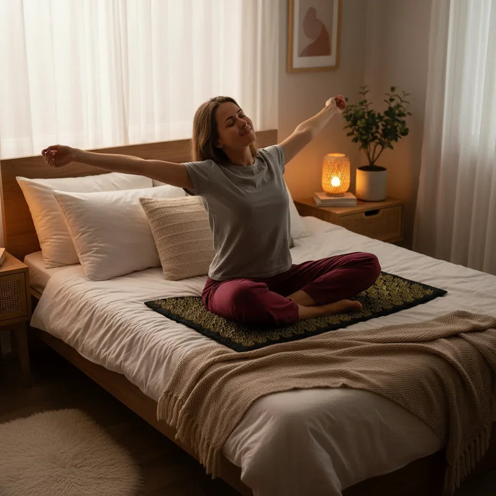 Femme s'étirant assise en tailleur sur un lit moderne avec tapis d'acupression dans chambre chaleureuse