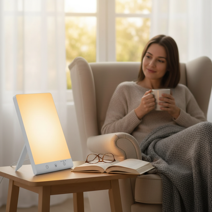 Femme détendue dans un fauteuil avec couverture, lumière douce sur table, livre et lunettes