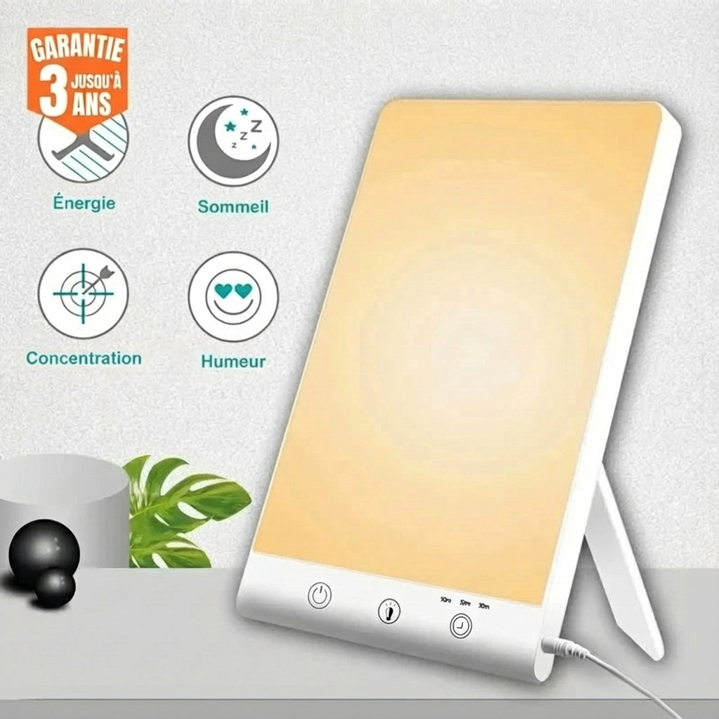 Lampe de luminothérapie avec lumière douce, garantie 3 ans, bénéfices énergie, sommeil, concentration, humeur