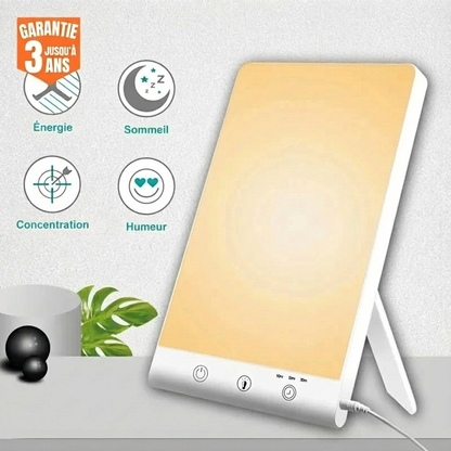 Lampe de luminothérapie avec lumière douce, garantie 3 ans, bénéfices énergie, sommeil, concentration, humeur