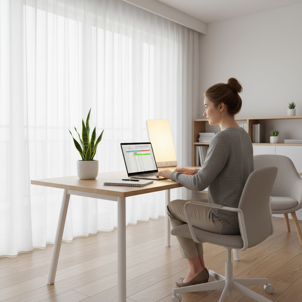 Femme travaillant sur un ordinateur portable au bureau avec plante verte, lampe et intérieur moderne