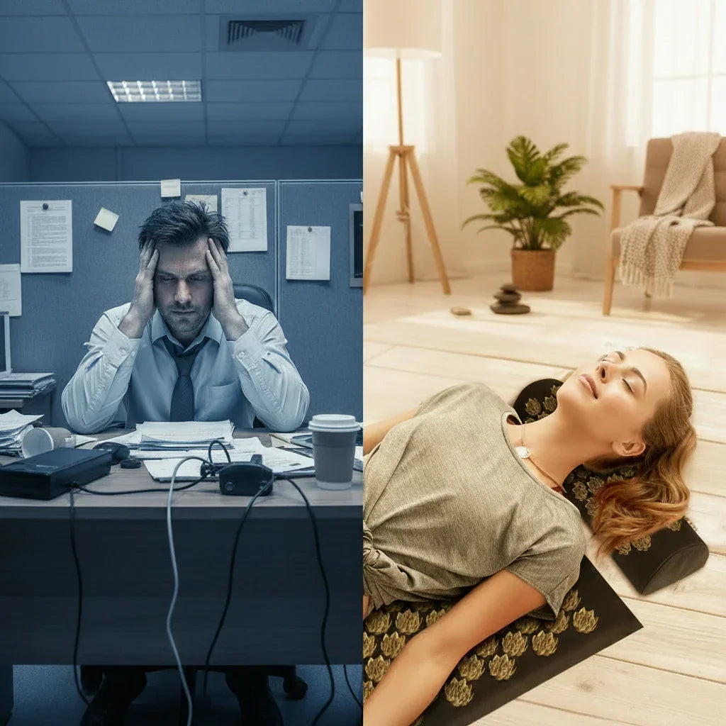 Homme stressé au bureau gris contre femme détendue en méditation sur tapis d'acupression à domicile