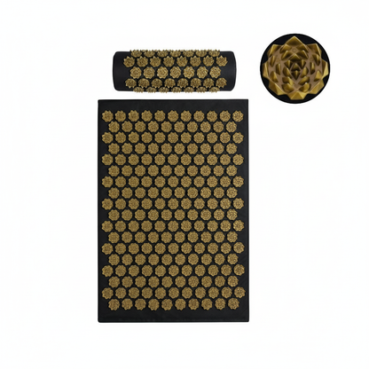 Tapis d'acupression noir avec picots dorés et coussin assorti pour relaxation et soulagement