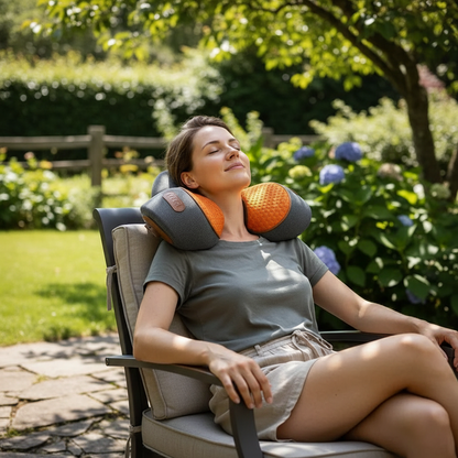 Femme détendue en chaise de jardin avec coussin de massage cervical gris et orange