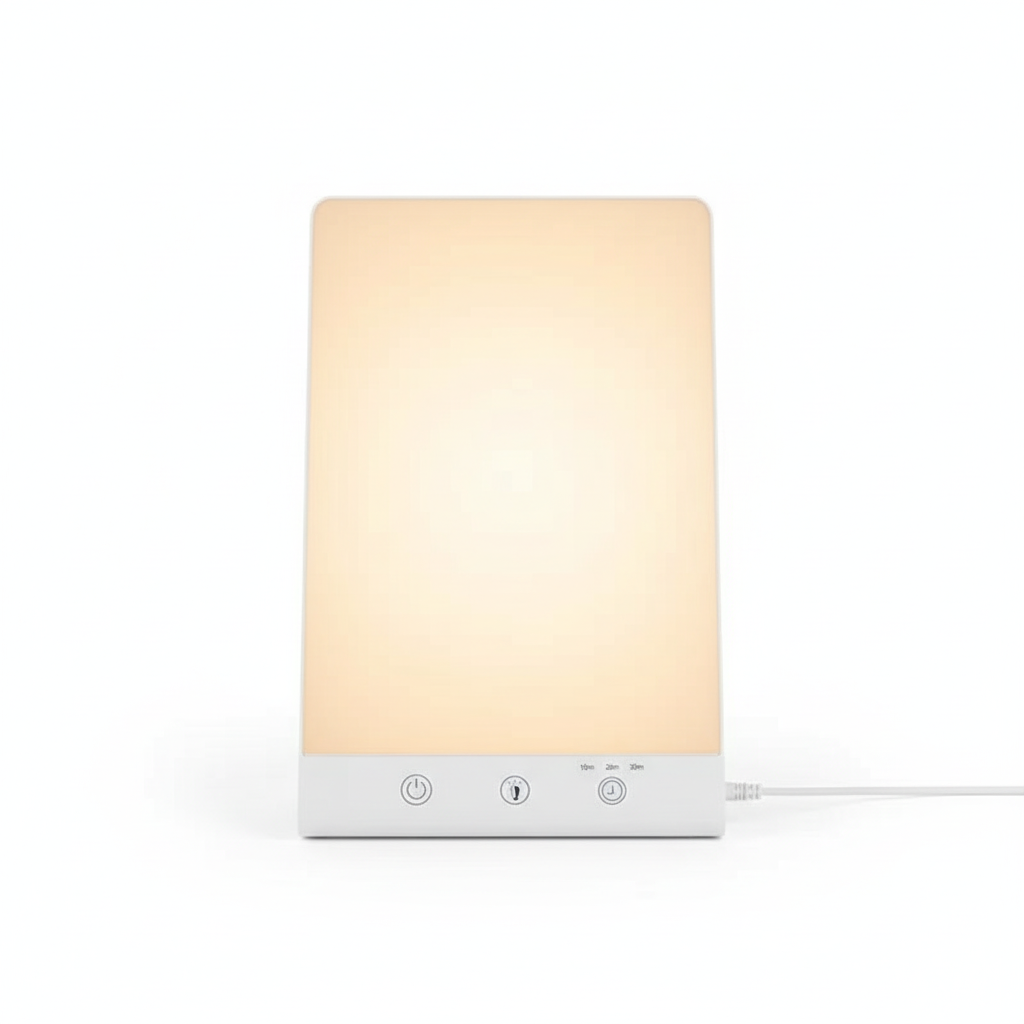 Lampe luminothérapie rectangulaire à lumière blanche chaude avec boutons tactiles sur fond blanc