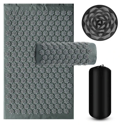 Tapis d'acupression gris avec coussin assorti, vue dessus, sac de rangement noir