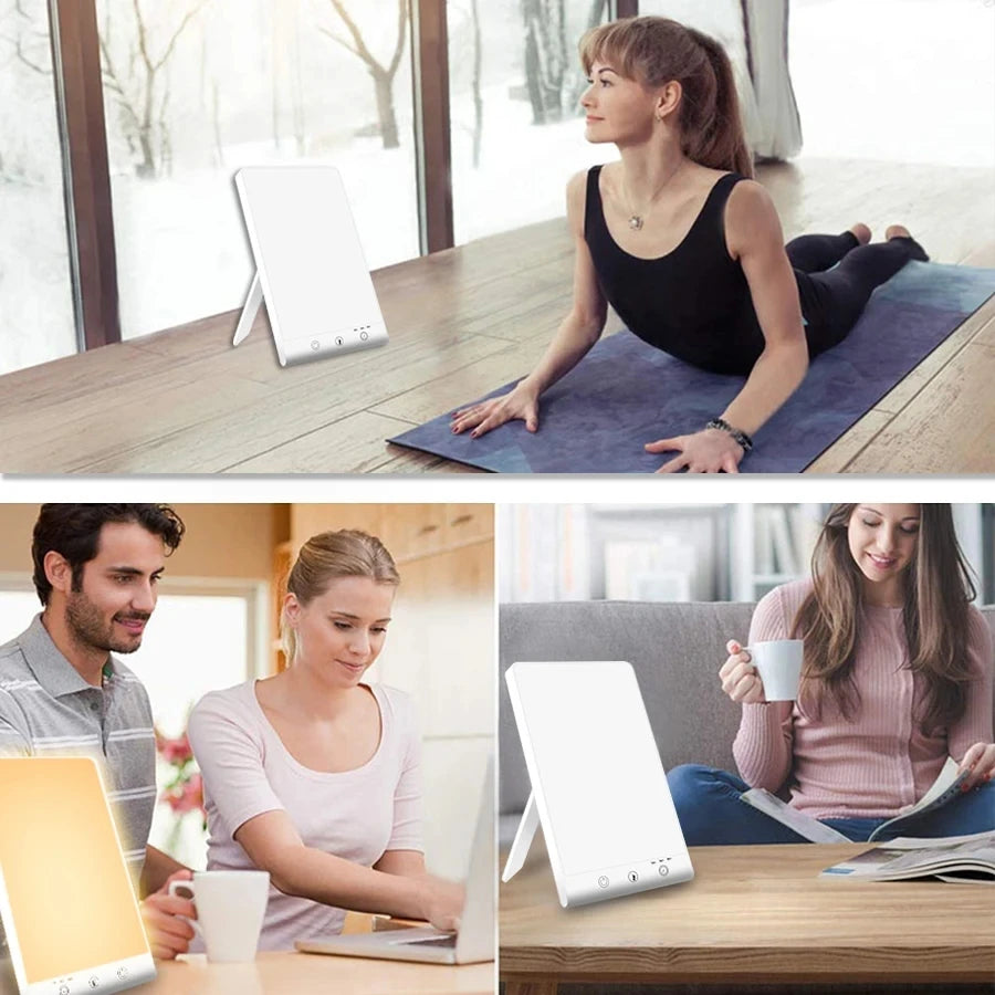 Lampe luminothérapie blanche utilisée par une femme faisant du yoga et d'autres personnes à la maison