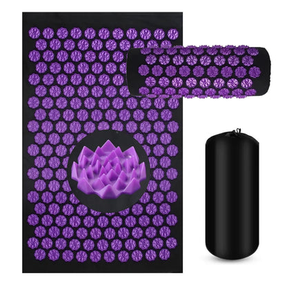 Tapis d'acupression noir avec pointes violettes en forme de fleurs et coussin assorti, sac de rangement noir