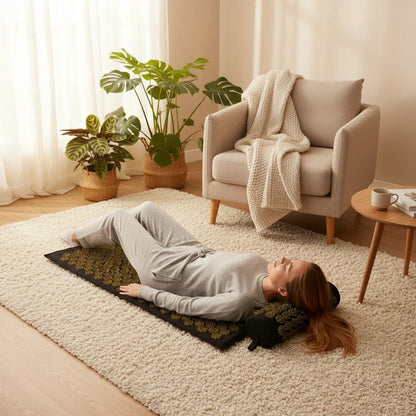 Femme allongée détendue sur tapis d'acupression dans salon cosy avec fauteuil beige et plantes vertes
