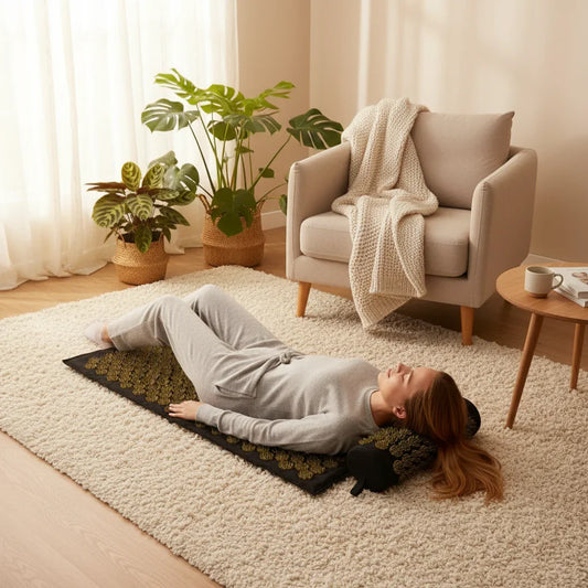 Femme allongée détendue sur tapis d'acupression dans salon cosy avec fauteuil beige et plantes vertes