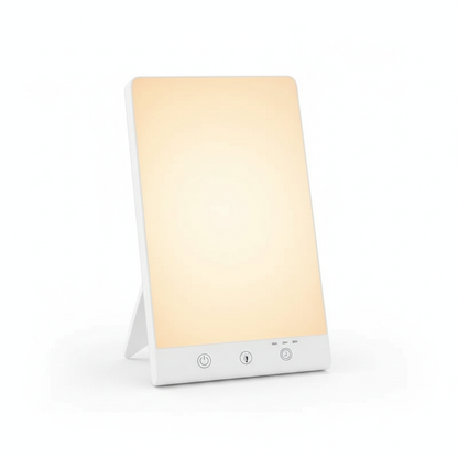 Lampe de luminothérapie blanche allumée avec réglages tactiles et éclairage doux