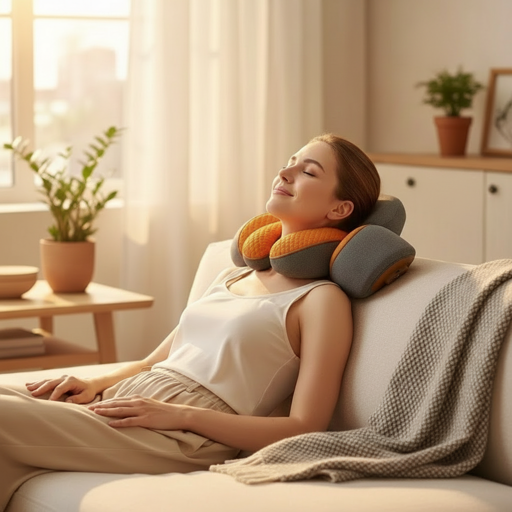 Femme détendue sur canapé avec coussin massage cervical orange et gris dans salon lumineux