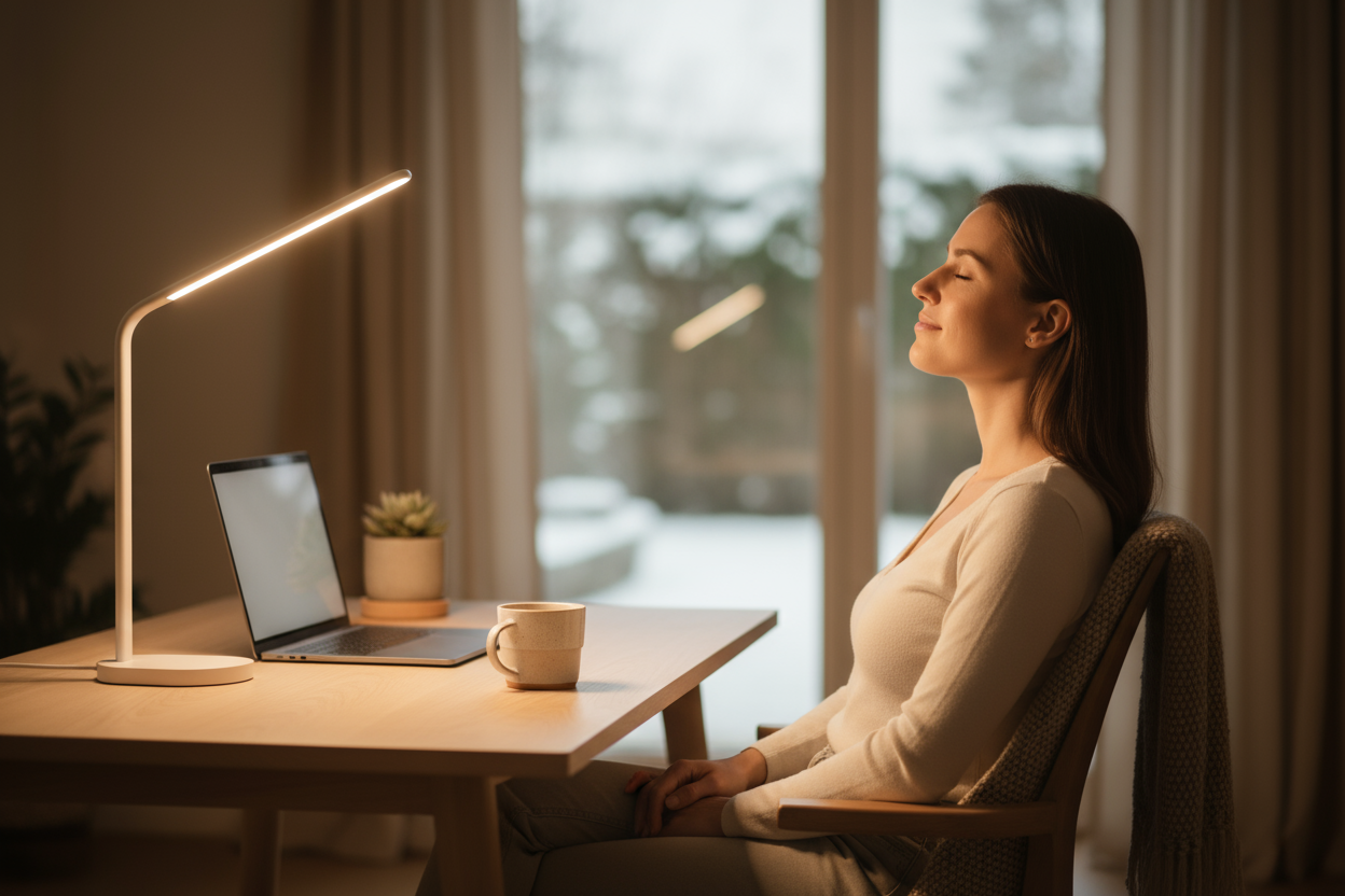 Une personne exposé à une lumière de luminothérapie, assise à un bureau. elle est apaisée et souriante. 